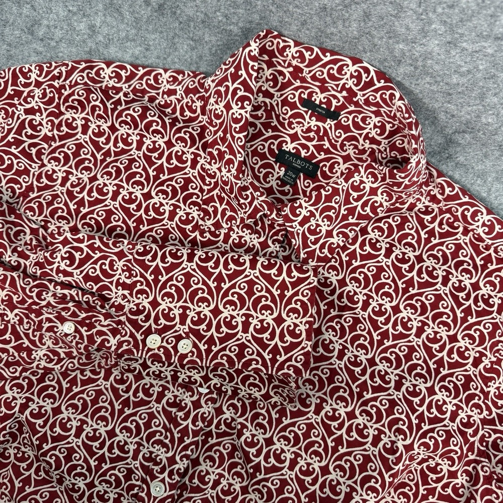 Talbots Button Down Shirt Womens 20W Cotton Stretch Red White Baroque Scroll